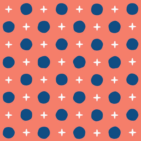 Blue circles and white stars on a red background seamless vector pattern. Abstract hand-drawn geometric print. Large scale polka dot fantasy repeating diamond design.のイラスト素材