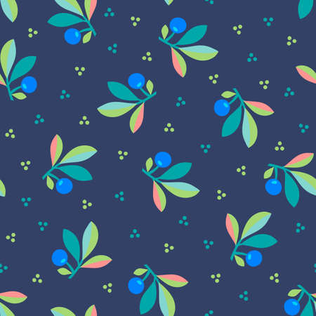 Scattered Blueberry branches with berries and little dots on navy blue background seamless pattern....
