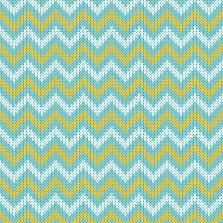 Pastel blue, yellow and white knitted sweater chevron stripes seamless pattern. Classic winter pattern with white and yellow stripes on blue background. Knitted texture zig zag backdrop.のイラスト素材