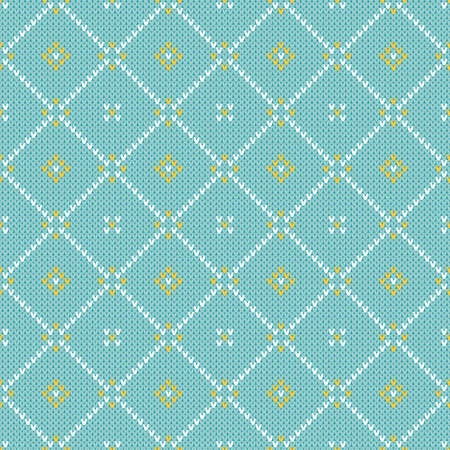 Pastel blue, white and yellow diamond Christmas sweater   pattern. Knitted argyle pattern with white lines and yellow decorative elements. Neutral winter holiday knitted texture backdrop.のイラスト素材