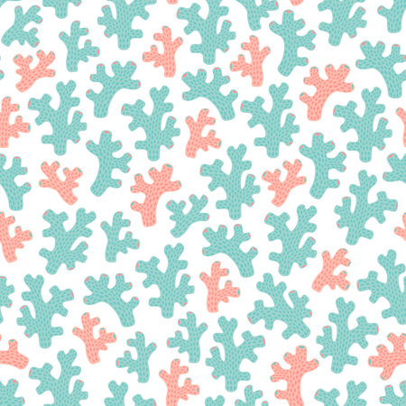 Sea corals summer holiday seamless vector pattern. Pastel blue and pink sea life illustration isolated on white background.のイラスト素材