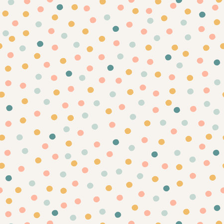 Pastel confetti seamless pattern. Hand-drawn polka dot texture background. Neutral abstract print in yellow, blue and pink on off-white background.のイラスト素材