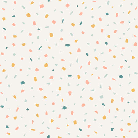 Pastel terrazzo seamless vector pattern. Hand-drawn colorful abstract texture. Gendeer neutral trendy print in yellow, blue, pink on off-white background.のイラスト素材
