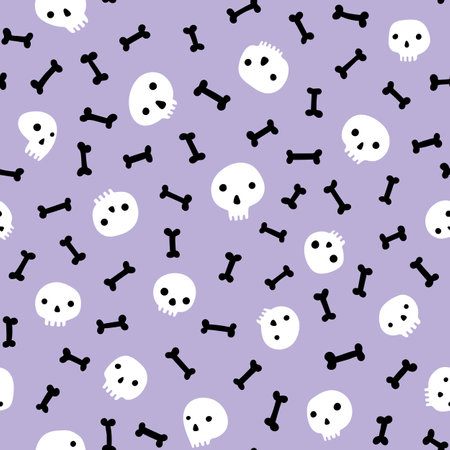 Pastel purple Halloween seamless pattern with white skulls and black bones. Funny skull faces and bones scattered on light violet background. Emo y2k repeat pattern.のイラスト素材