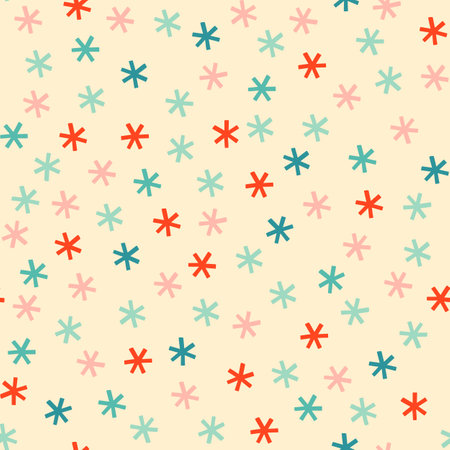 Falling snow Christmas seamless pattern in pastel blue, pink and red on cream background. Retro snowflake winter holiday gift wrap design.のイラスト素材