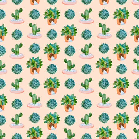 House plants seamless pattern. Trendy home decor with plants cactus illustration. Flowers in pot, house interior designの写真素材