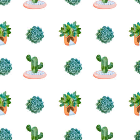 House plants seamless pattern. Trendy home decor with plants cactus illustration. Flowers in pot, house interior designの写真素材