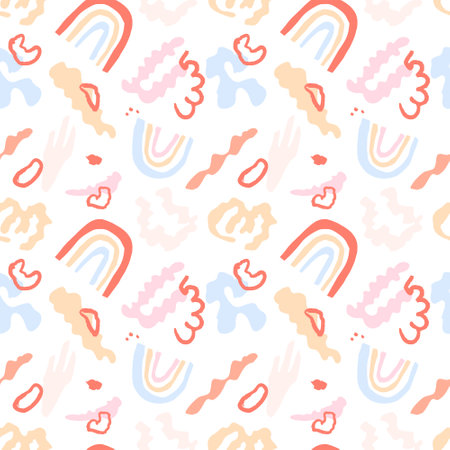 Seamless baby pattern with hand rainbows and abstract shapes. Creative Scandinavian children's texture for fabric, wrap, textiles, wallpaper, clothing. vector illustrationのイラスト素材