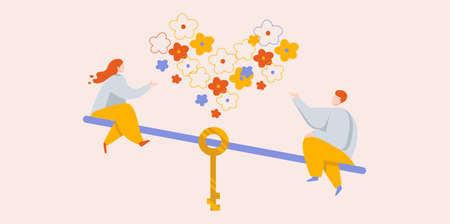 Woman and man romantic communication, heart shaped cloud of flowers concept of trust in...