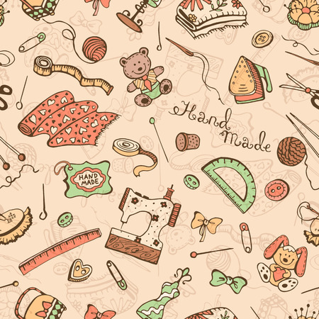 Hobby background. Crafting tools pattern. Handmade items seamless pattern.のイラスト素材
