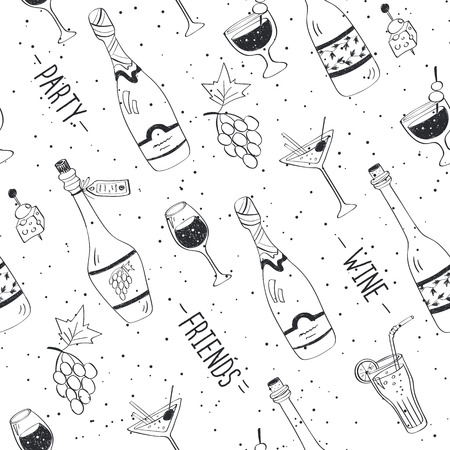 Drinks doodle pattern. Hand drawn beverages seamless background. Doodle sncks and drinks black on white. Beverages, glass, bottles, grapes, snacks. Wine, friend, party.のイラスト素材