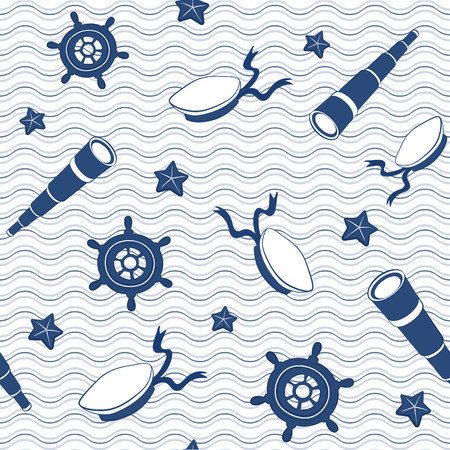 Nautical seamless pattern. Waves, hats, spyglasses, wheels. Marine cartoon background.のイラスト素材