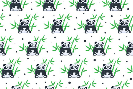 Seamless background with cartoon panda illustration. Panda and bamboo pattern.のイラスト素材