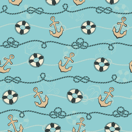 Sailor seamless pattern. Sea ship anchors, life-buoy and ropes background.のイラスト素材