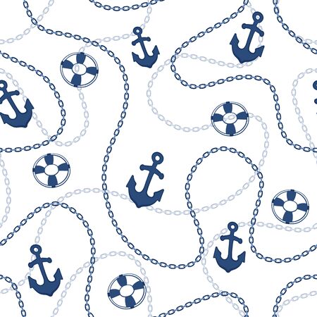 Marine seamless pattern. Anchors and chains background. Nautical cartoon background.のイラスト素材