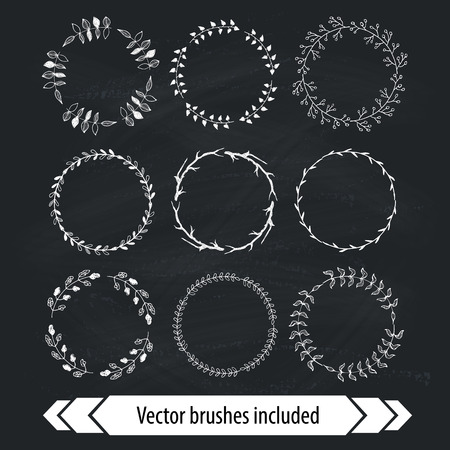 Floral brushes for wedding invitations and postcards design. Decorative vintage floral wreath hand drawn on chalk board. Collection of decorative elements. Branches brushes included.のイラスト素材