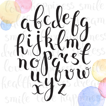 Handmade letters. Handwritten alphabet with watercolor spots on background. Hand drawn calligraphy. Modern inc typography.のイラスト素材
