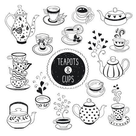Hand drawn teapot and cup collection. Doodle tea cups, coffee cups and teapots isolated on white background. Vector illustration on tea time icons for cafe and restaurant menu design.のイラスト素材