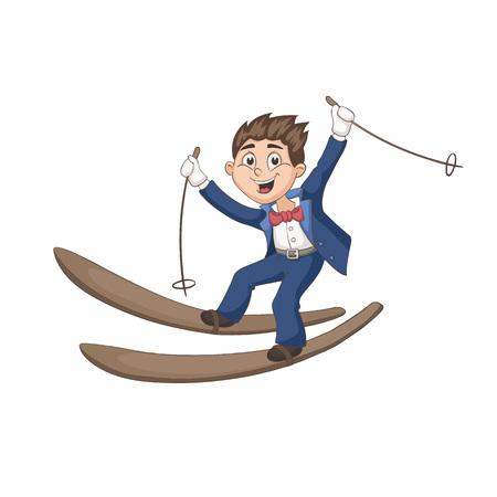 Cute cartoon groom on ski isolated on white background. Fun vector illustration of happy boy skiing in tuxedo. Lovely wedding character in pastel colors.のイラスト素材