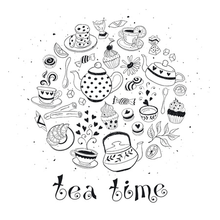 Tea time poster concept. Coffee party card design. Hand drawn doodle illustration with teapots, cups and sweets.のイラスト素材