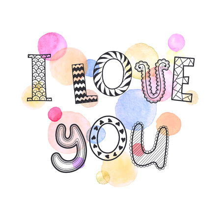 I love you text with watercolor spots on background. Romantic doodle lettering. Zentangle hand drawn poster. Colorful greeting card.のイラスト素材