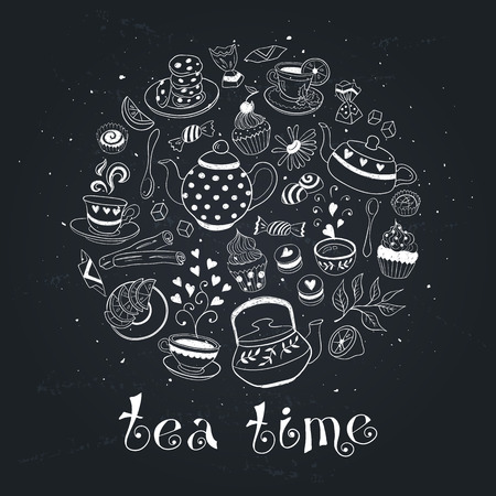 Tea time poster concept. Coffee party card design. Hand drawn doodle illustration with teapots, cups and sweets. Hand drawn tea elements on chalkboard.のイラスト素材