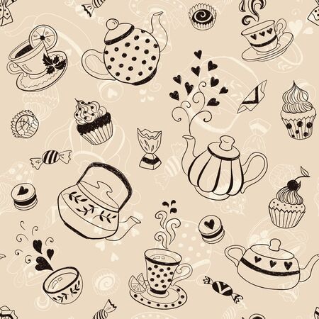 Tea time seamless pattern. Tea party background design. Hand drawn doodle illustration with teapots, cups and sweets.のイラスト素材