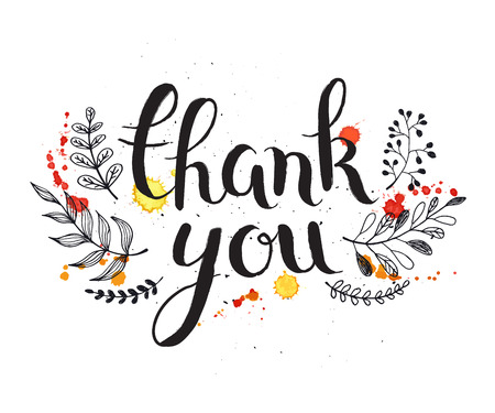 Thank you card with watercolor splashes and floral decor.のイラスト素材