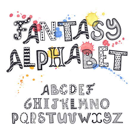 Fantasy hand drawn letters set. Hand drawn artistic doodle alphabet.のイラスト素材