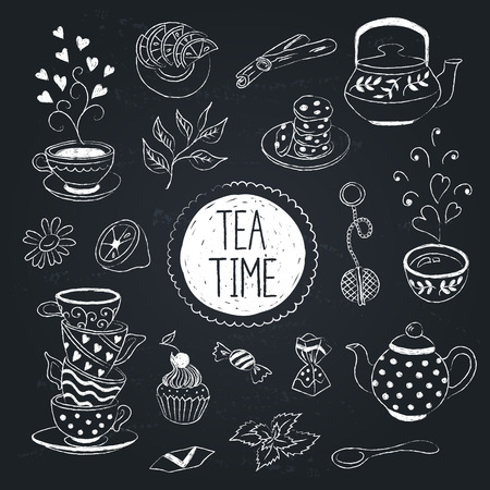 Doodle tea time elements collection. のイラスト素材