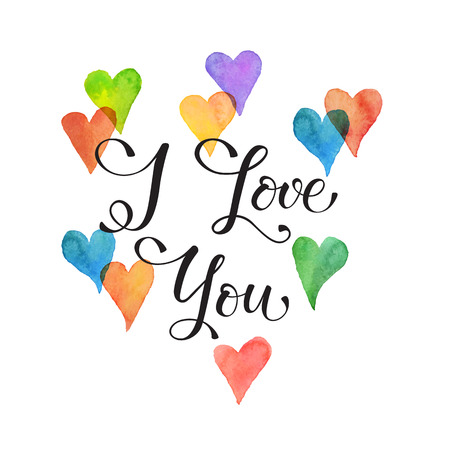 I love you lettering with watercolor hearts on background. Modern typography. Colorful  greeting card calligraphy design.のイラスト素材