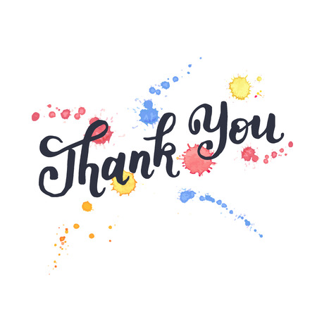 Thank you lettering with watercolor splashes on background. Modern black ink typography. Thank you colorful postcard calligraphy design.のイラスト素材