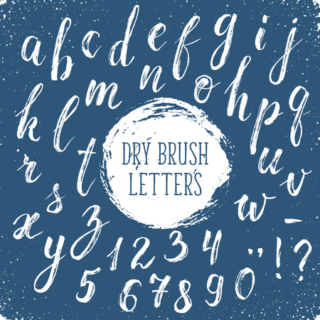 Calligraphy letters hand drawn with dry brush. Handwritten alphabet on blue background. Hand drawn calligraphy. Modern inc typography.のイラスト素材