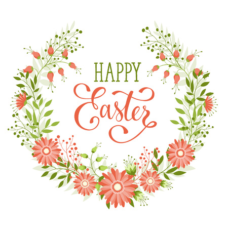 Easter wreath with easter eggs hand drawn black on white background. Decorative doodle frame from Easter eggs and floral elements. Easter eggs with ornaments in circle shape. Easter greeting card.のイラスト素材