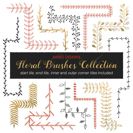 Hand drawn vintage floral brushes. Branch and leaf brushes for wedding invitation, greeting cards and postcard design. Border, divider, wreath. Modern ornamental brushes with outer and inner corners.のイラスト素材
