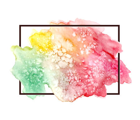 Bright watercolor spot in black square frame isolated on white background.  Colorful greeting card template hand drawn with watercolor paints.のイラスト素材