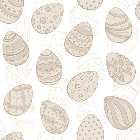 Easter background with eggs hand drawn black on white background. Decorative Esater eggs seamless pattern in neutral colors. Easter eggs with ornaments in vintage style.のイラスト素材