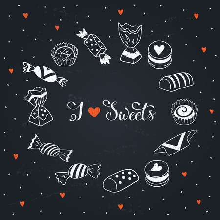 I love sweets poster concept. Sweets collection card design. Hand drawn doodle illustration of candies on chalkboard.のイラスト素材