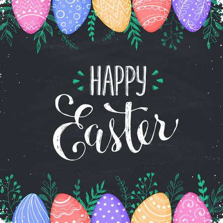 Easter chalk board background with Happy easter text. Decorative Ester borders from Easter eggs and floral elements. Easter eggs with ornaments drawn on blackboard.のイラスト素材