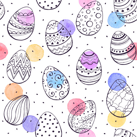 Easter background with eggs hand drawn black on white background. Decorative Esater eggs seamless pattern in pastel colors. Easter eggs with ornaments and watercolor dots.のイラスト素材