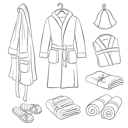 Sauna accessories sketch. Hand drawn spa bathrobes and towels collection. Bathroom objects isolated on white background. Bath clothes outlines.のイラスト素材