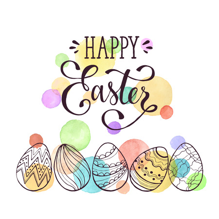 Greeting card with Easter eggs hand drawn black on white background. Happy Easter lettering. Easter eggs with ornaments with watercolor dots in pastel colors.のイラスト素材