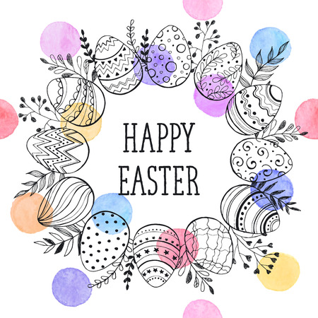 Easter wreath with easter eggs hand drawn black on white background. Decorative doodle frame from Easter eggs and floral elements. Easter eggs with ornaments in circle shape with watercolor dots.のイラスト素材