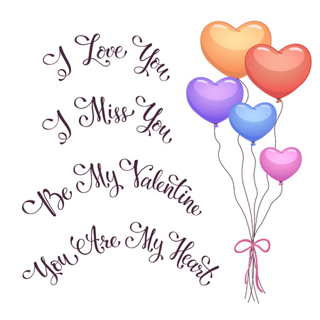 Modern calligraphy for Valentine's Day. I love you. I miss you.  Be my Valentine. You are my Heart. Hand drawn romantic pharses for greeting card.のイラスト素材