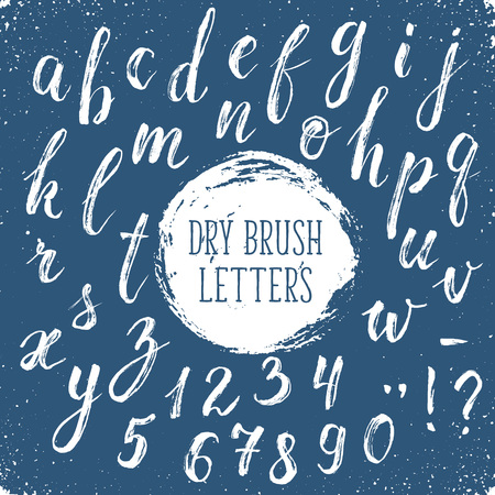 Calligraphy letters hand drawn with dry brush. Handwritten alphabet on blue background. Hand drawn calligraphy. Modern inc typography.のイラスト素材