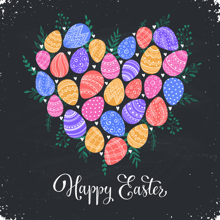Composition with easter eggs hand drawn black on blackboard. Easter greeting card. Colorful easter eggs with leaves in heart shape.のイラスト素材