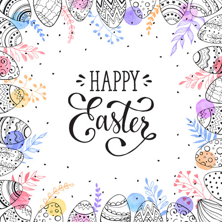 Easter frame with easter eggs hand drawn black on white background. Decorative frame from eggs. Easter eggs with colorful leaves and watercolor dots.のイラスト素材