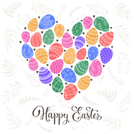 Composition with easter eggs hand drawn black on white background. Easter greeting card. Easter eggs with colorful leaves and leaves in heart shape.のイラスト素材