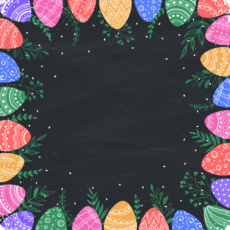Easter frame with easter eggs hand drawn on chalkboard. Decorative frame from eggs with copy space. Easter illustration with colorful Easter eggs and leaves.のイラスト素材