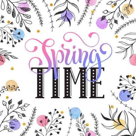 Floral frame with Spring time text. Romantic template for greeting cards and invitation. Spring wording with doodle leaves and watercolor dots on white background.のイラスト素材